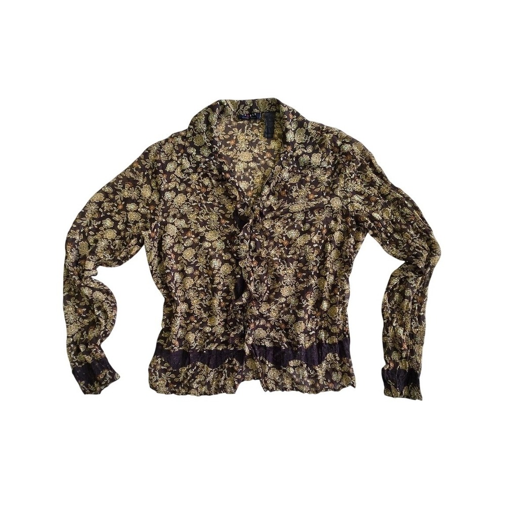 Liz Clairborne Whimsigoth Earth Fairy Blouse Sheer LG Lace Trim Brown Florals